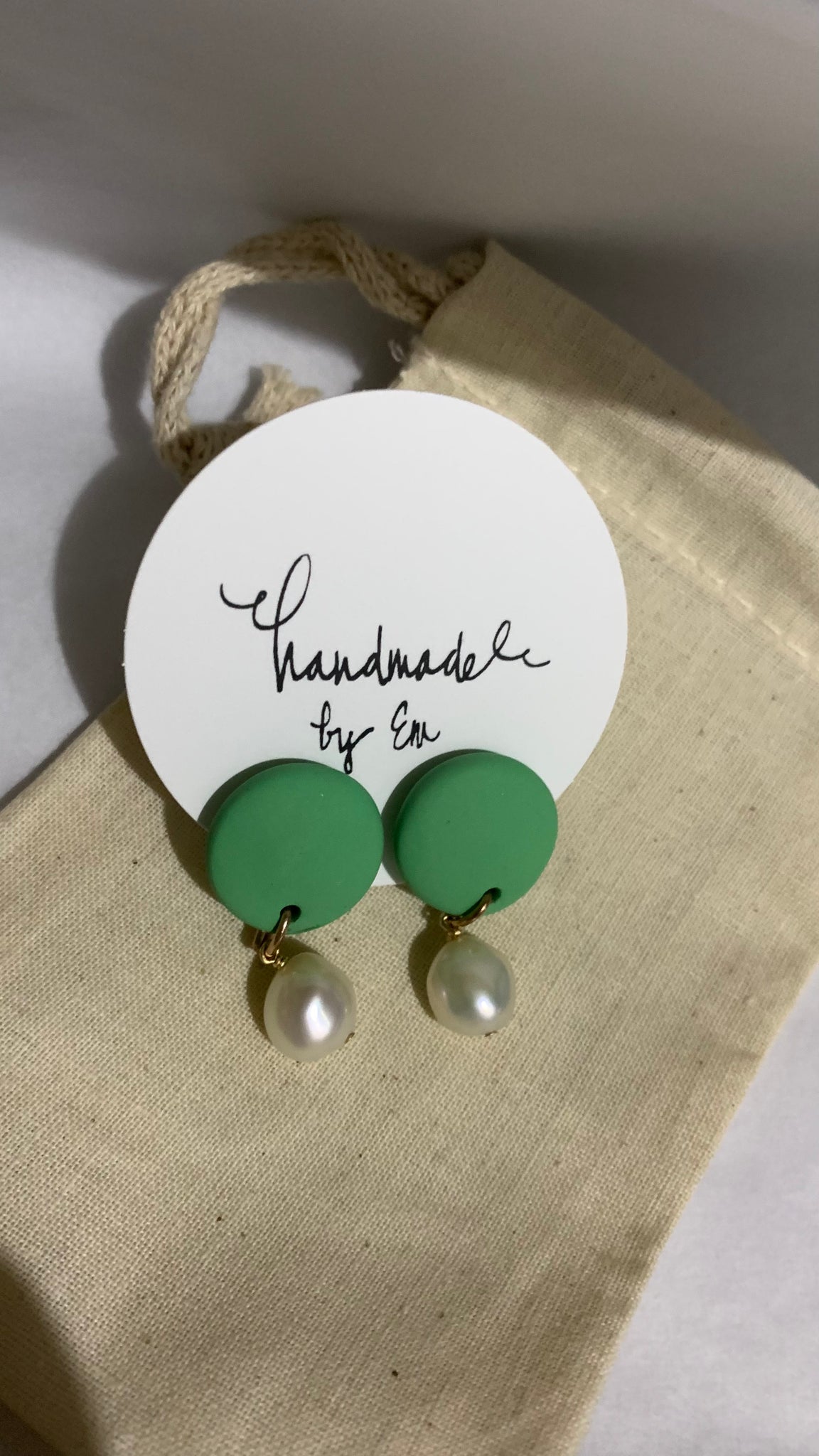 Green clay studs with Keshi pearls
